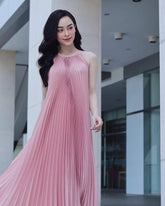 Pleated silk midi dress with halter neckline and open strappy back